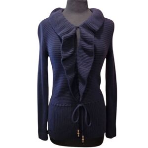 Gucci Medium Wool Ruffle Sweater Navy Blue Luxury Ribbed Made In Italy Tie Waist